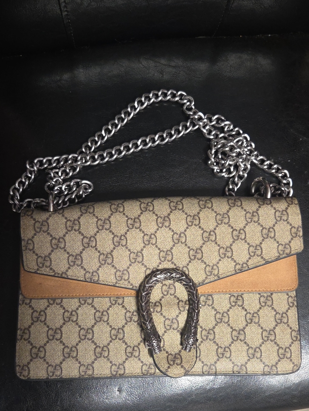 Gucci Beige GG Supreme Shoulder Bag with Tan Trim and Silver Chain